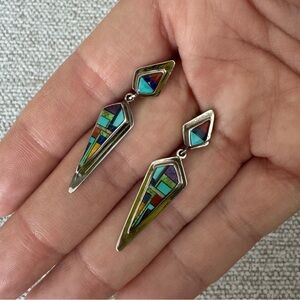 Sterling Silver Multi-Stone Inlay Drop Earrings